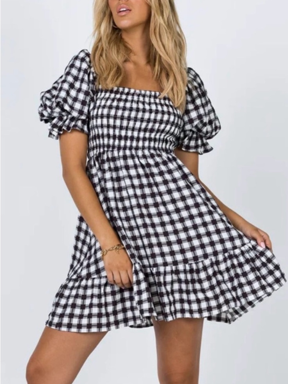 Princess Polly Black & White Gingham Puff-Sleeve Smocked Mini Dress 8 Babydoll